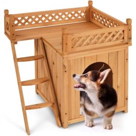 New Style Wood Pet House With Roof Balcony and Bed Shelter